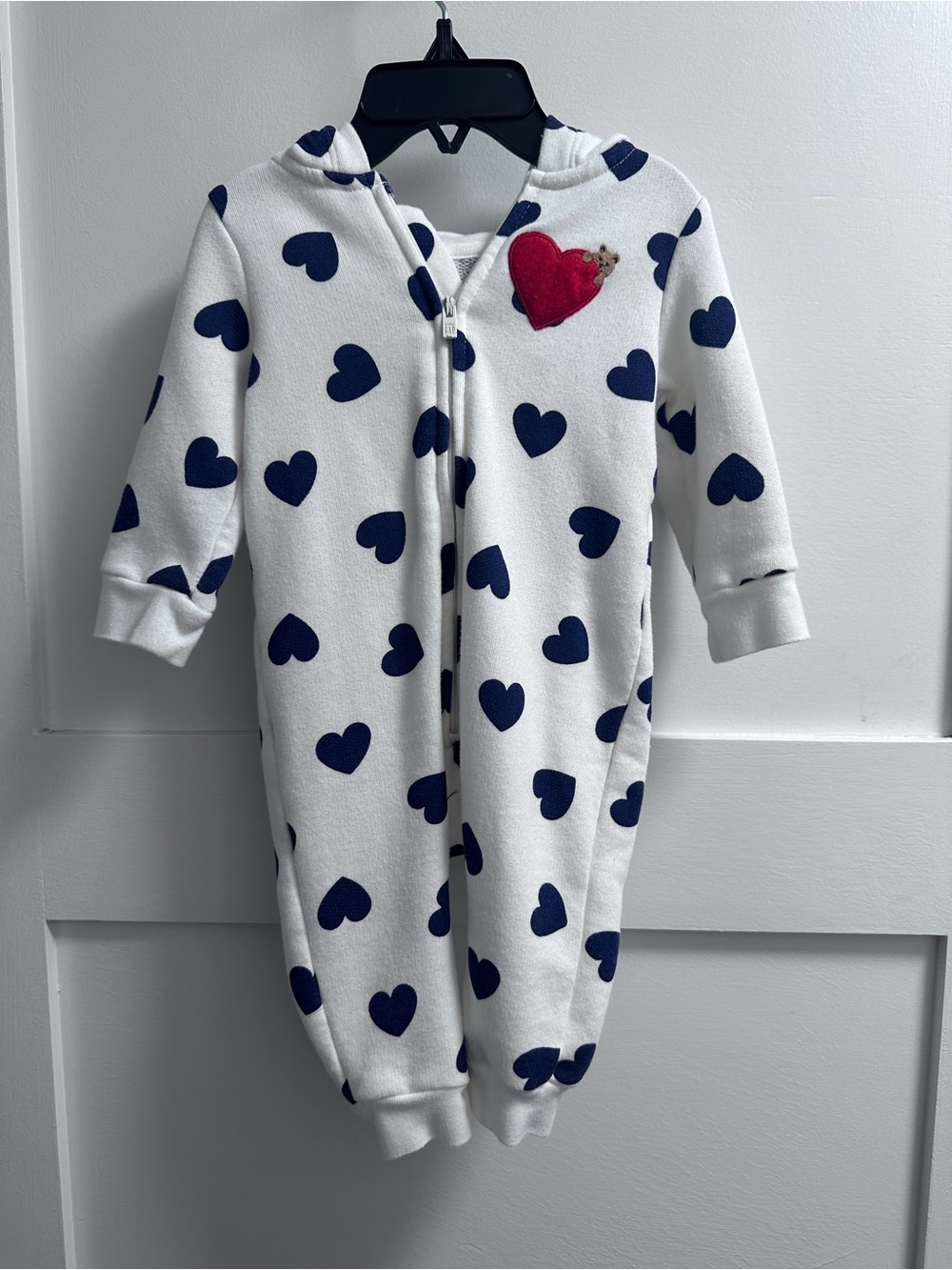 GAP White Hooded One-Piece with Navy Heart Print and Red Heart Patch